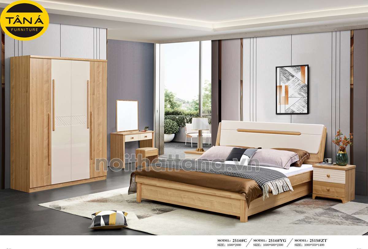 Bộ giường tủ màu nâu gỗ kết hợp với màu trắng sẽ tạo nên sự tương phản đẹp mắt, đường nét sắc sảo mạnh mẽ, đẹp độc đáo và tạo hiệu ứng chiều sâu khi kết hợp với ánh sáng đèn.