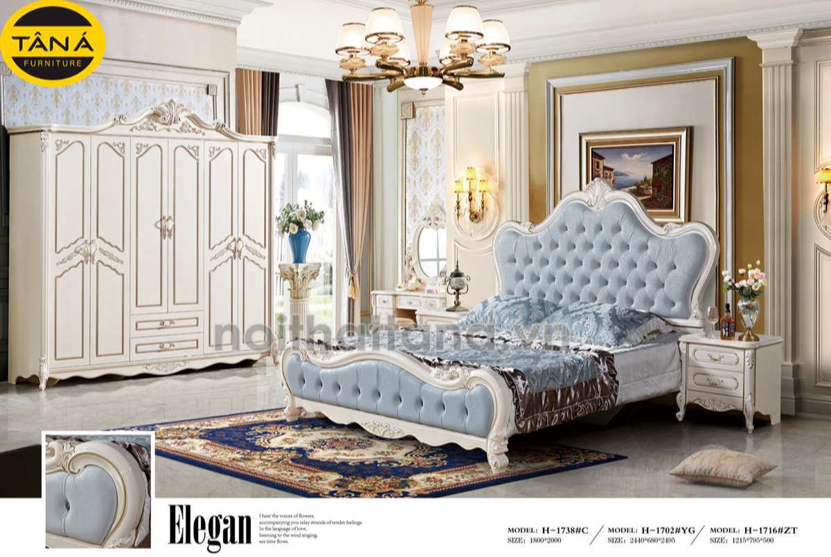 Bộ giường tủ thiết kế theo phong cách tân cổ điển kiểu cách đẹp quý phái, màu trắng cho không gian tươi sáng hơn. Đầu giường và đuôi giường cách điệu đường nét uyển chuyển tạo điểm nhấn.