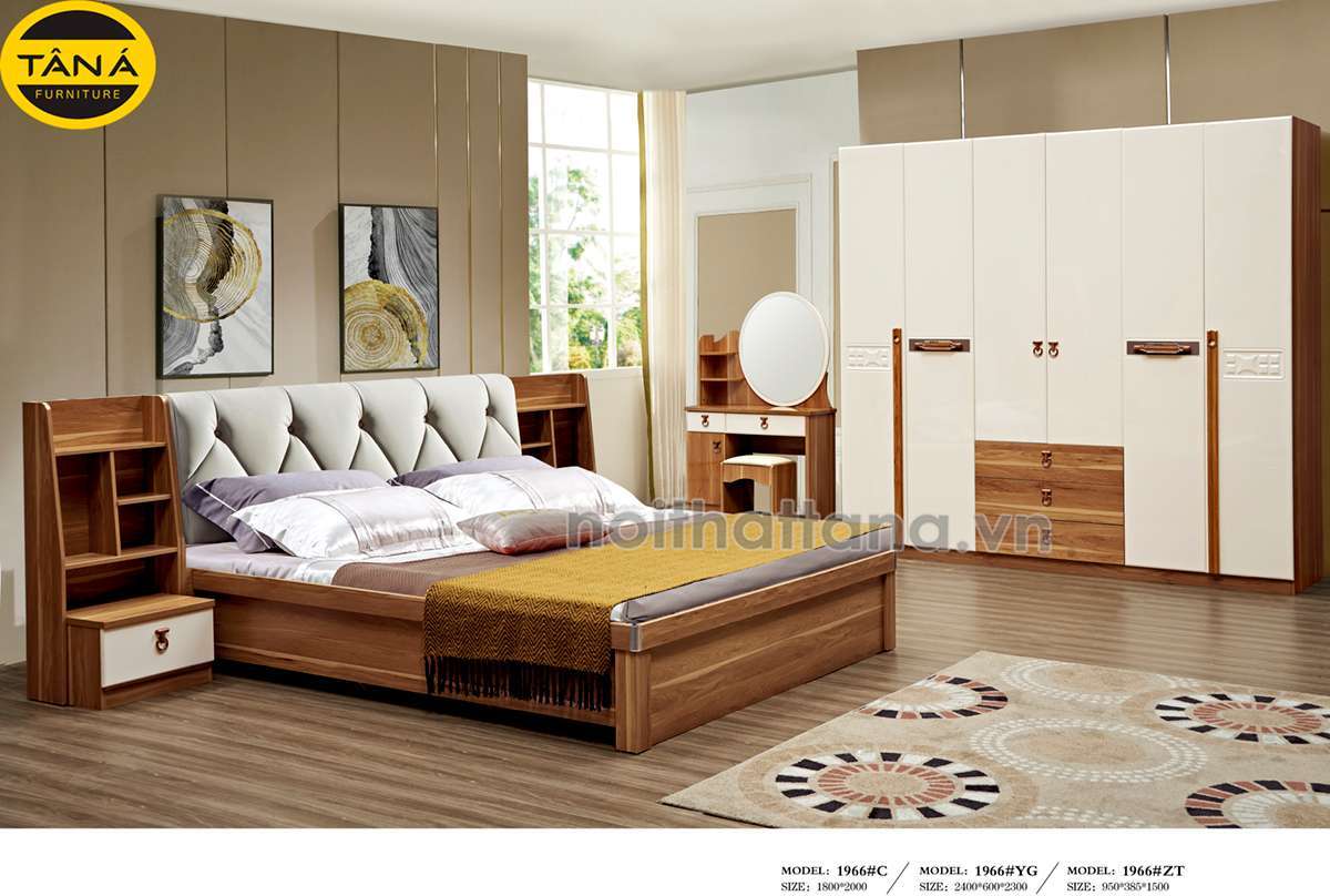 Combo giường ngủ, tủ quần áo 6 cánh, tab đầu giường và bàn trang điểm chất liệu gỗ MDF bền chắc, kích thước rộng rãi, thiết kế phối màu hiện đại khẳng định gu thẩm mỹ của gia chủ.