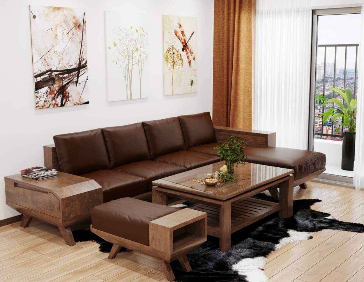 Tương tự như ghế sofa gỗ nguyên khối đệm vải nhưng sofa đệm da sẽ mang giá trị cao cấp hơn. Màu sắc đệm da bò thống nhất hài hòa với tone màu gỗ trầm ấm, mang đến vẻ đẹp mộc mạc và tạo nên một góc tiếp khách thân thiện. 