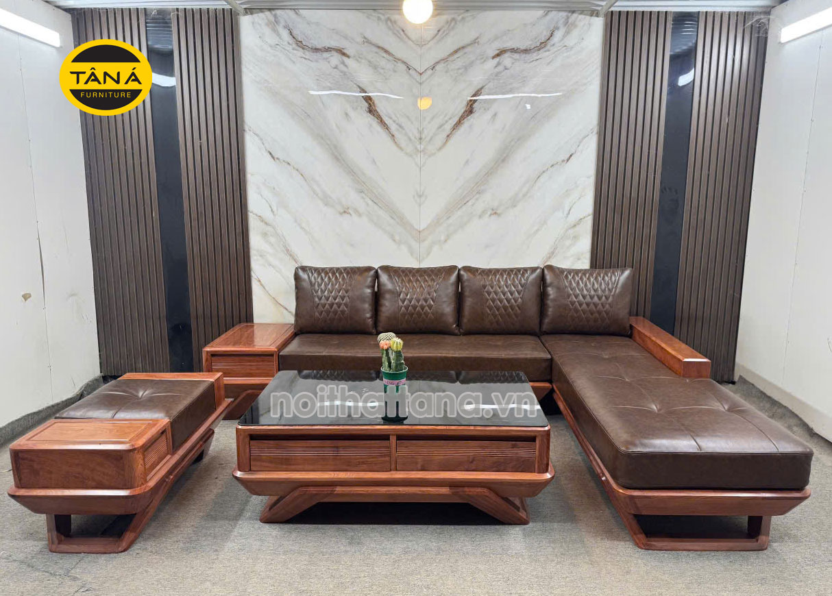 Sofa Gỗ Hương Đá Góc Chữ L Da Hàn Quốc Đẹp Hiện Đại TA-GH79