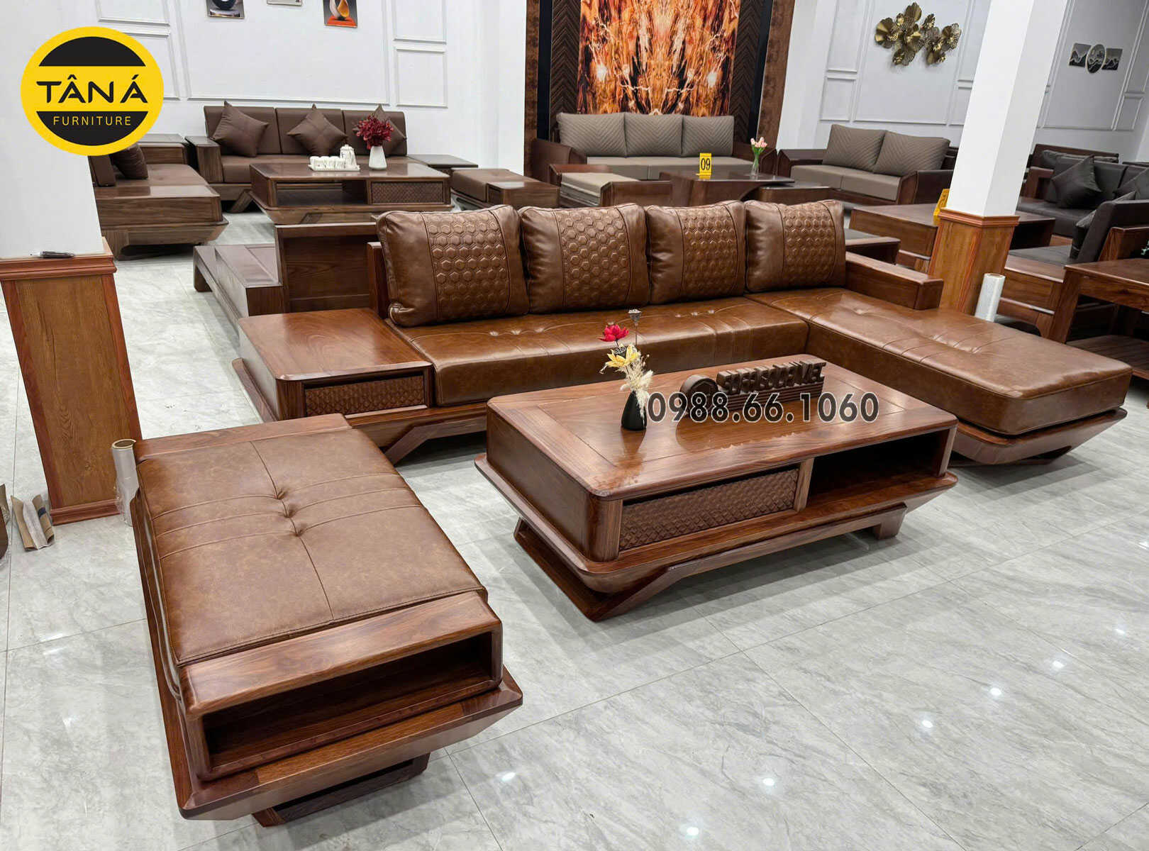 Sofa Gỗ Hương Góc Chữ L Da Hàn Quốc Hiện Đại GH65
