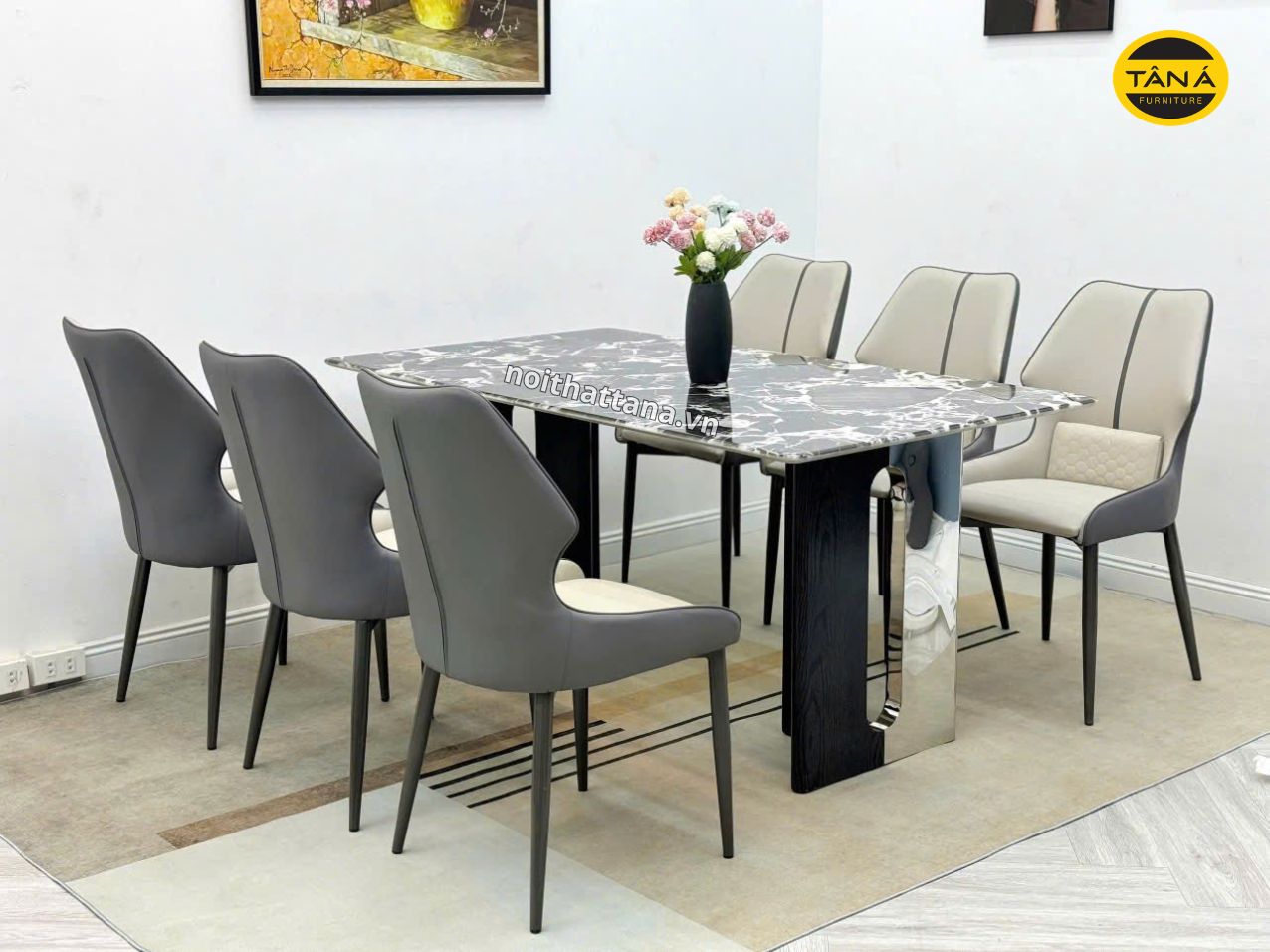 Bộ bàn ăn 1m6 6 ghế mặt đá bạch ngọc nhập khẩu AK08 1 ban an mat da bach ngoc ak08 2
