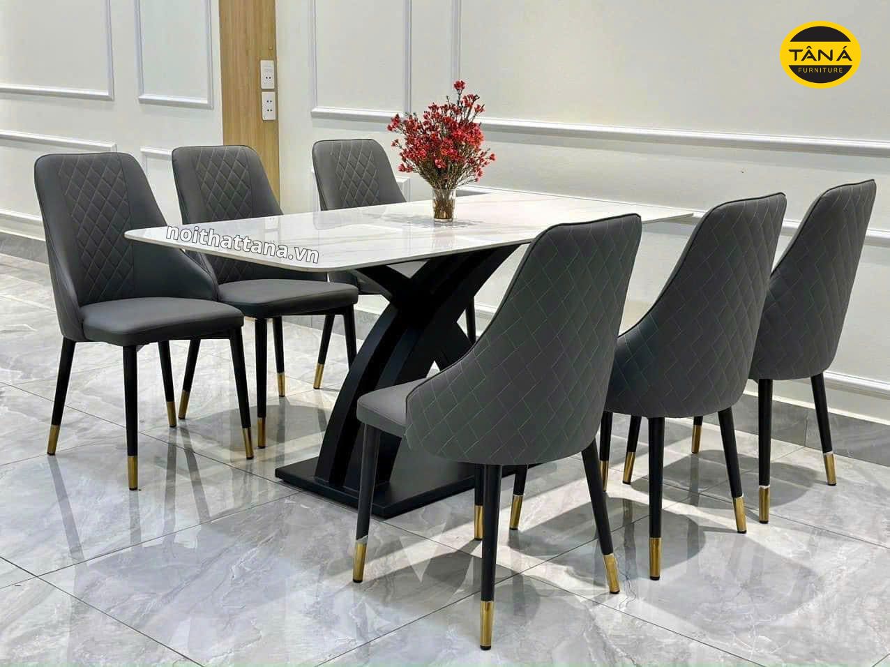 Bộ bàn ăn 1m6 6 ghế mặt đá ceramic nhập khẩu AK12 1 ban an mat da ceramic 6 ghe ak12