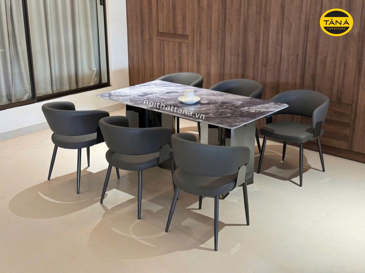 Bộ bàn ăn 1m6 6 ghế mặt đá bạch ngọc nhập khẩu AK15 2 bo ban an mat da bach ngoc ak15
