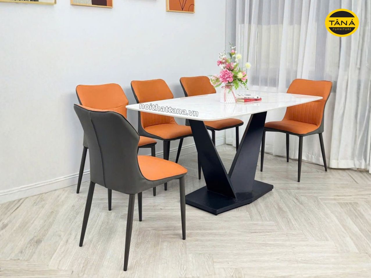 Bộ bàn ăn 1m6 6 ghế mặt đá ceramic nhập khẩu AK19 1 bo ban an mat da ceramic ak19 1
